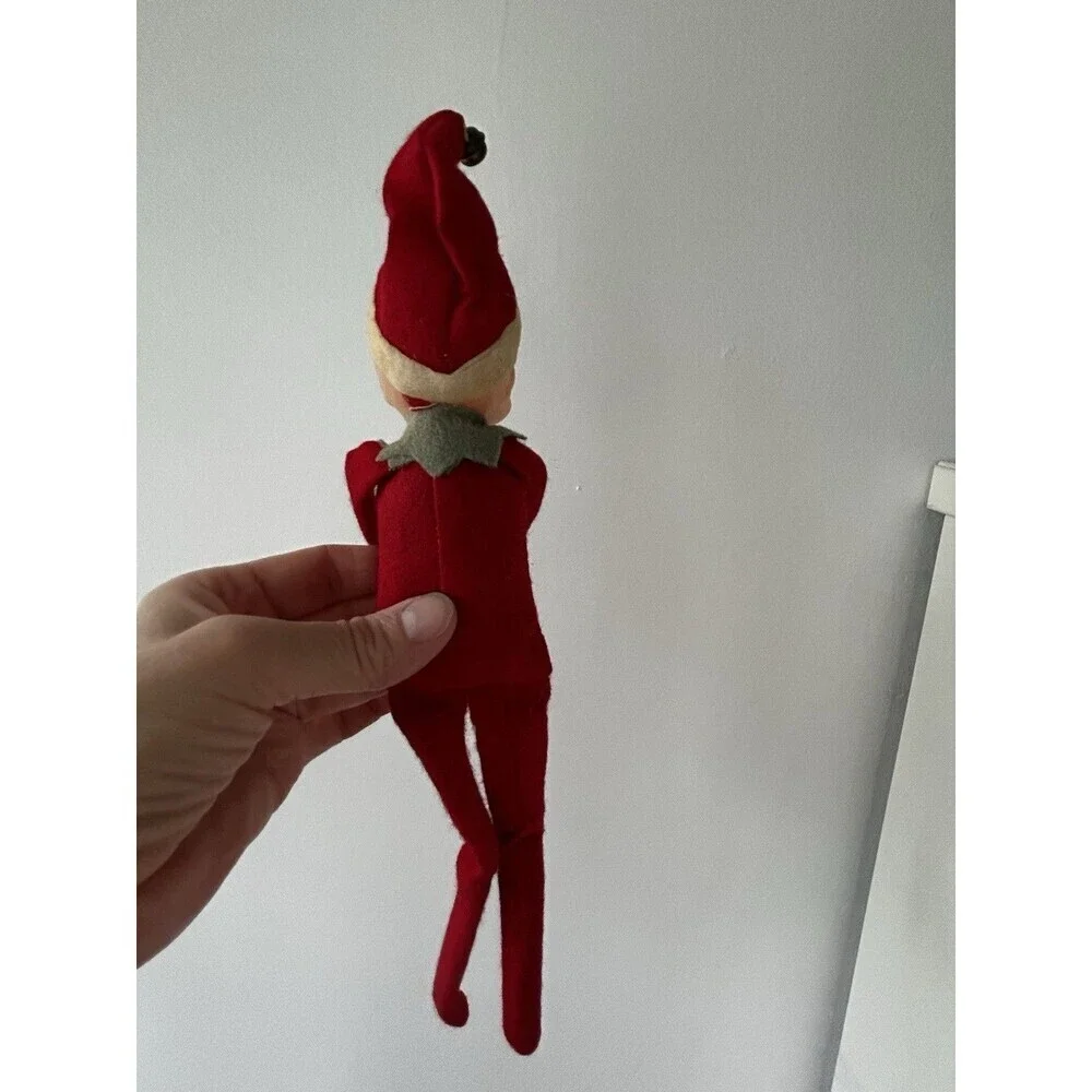 Vintage Pixie Elf Knee Hugger Felt Red Jingle Bell Shelf Sitter Retro Holidays
